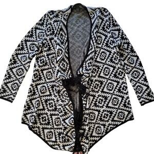 Chelsea and Theodore Aztec Fringe Cardigan Sweater S Black White Open Front Knit
